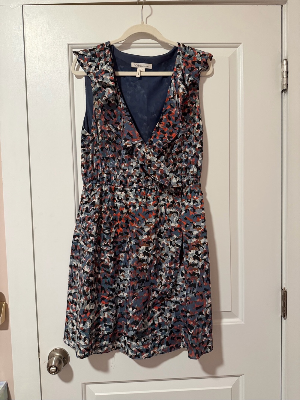 BCBGeneration Blue Multi-Print Ruffle Wrap Dress